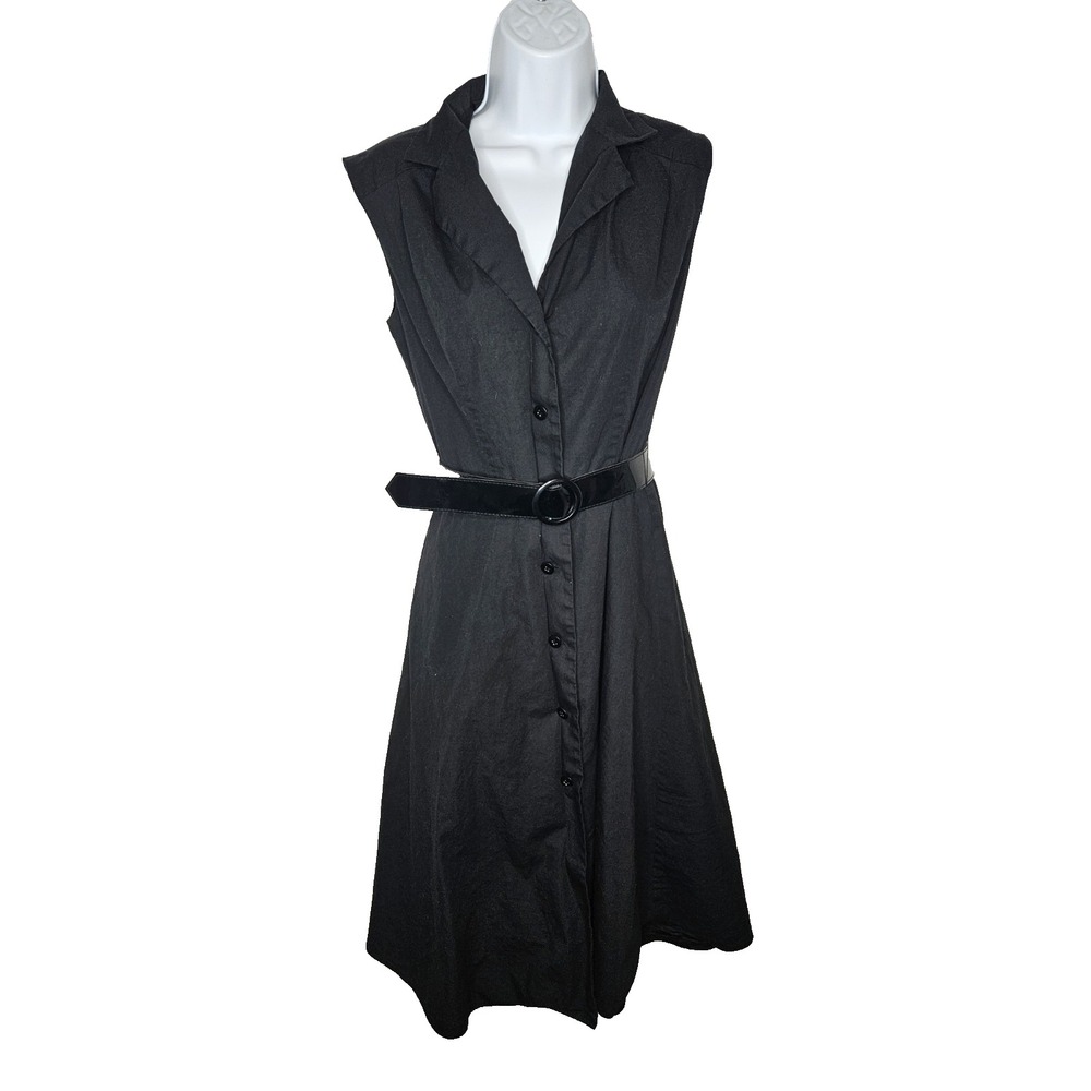Max and Cleo Black Button Front Sleeveless Belted Dress Size 6 Fit Flare